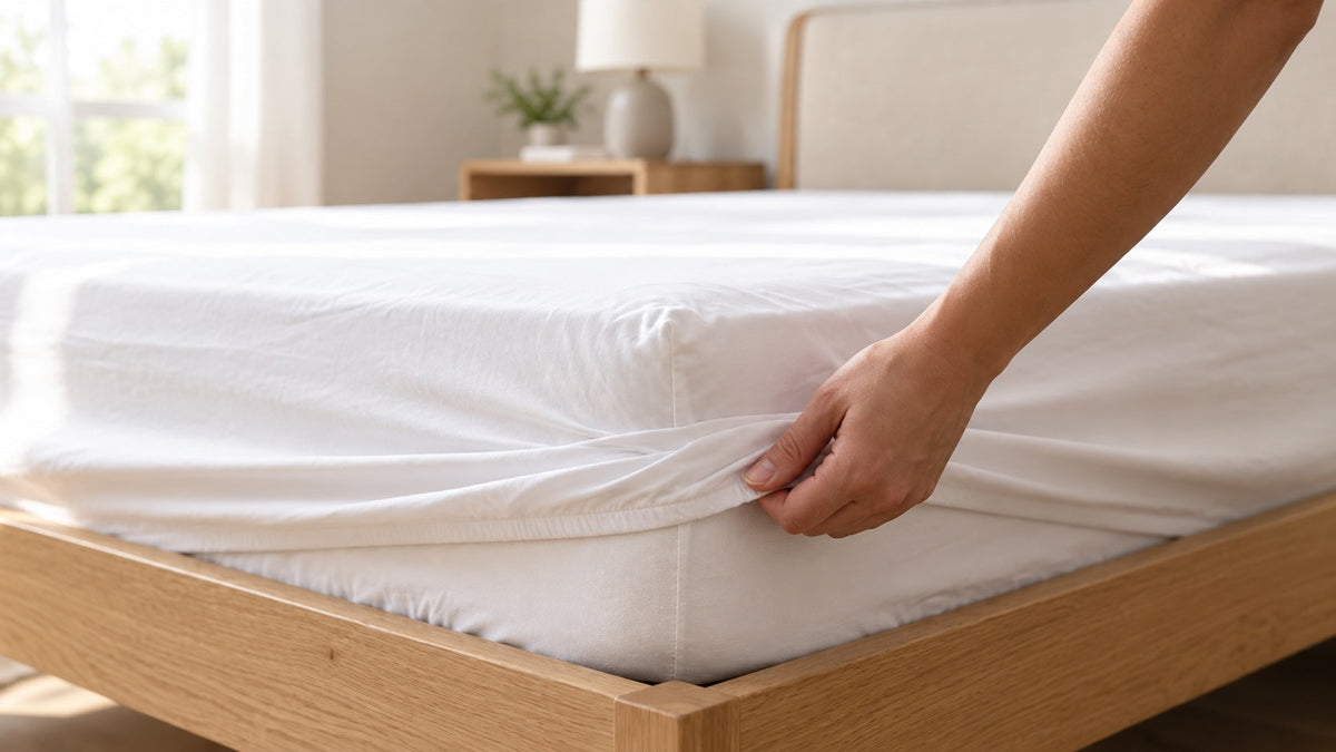 Spannbettlaken wird über Matratze gezogen in einem Bett mit Holzrahmen.
