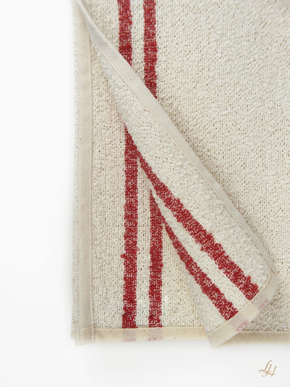 Waschlappen aus Leinenfrotté in Grund Cremeweiß mit Farbstreifen in Rot im Detail