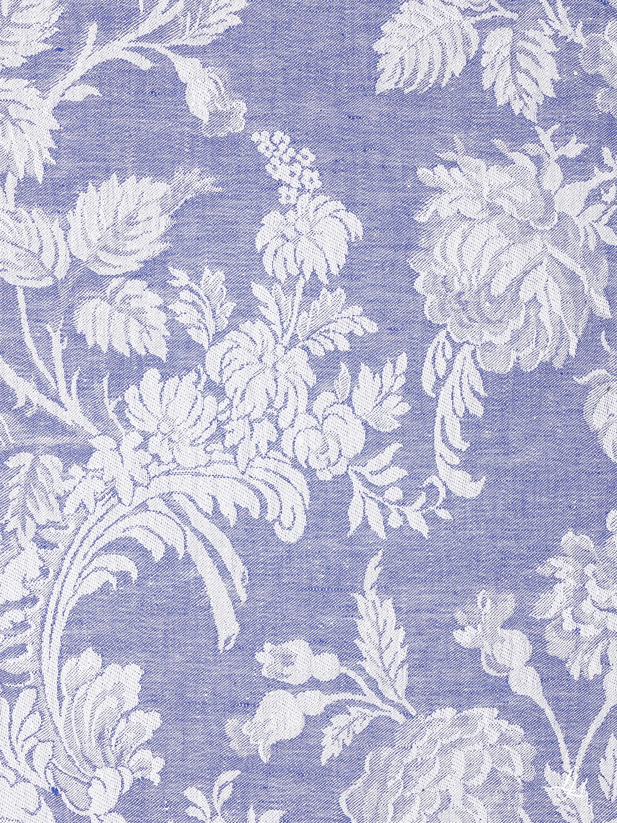 Stoffmuster Reinleinen-Damast Chrysantheme in Blau, dunkle Seite