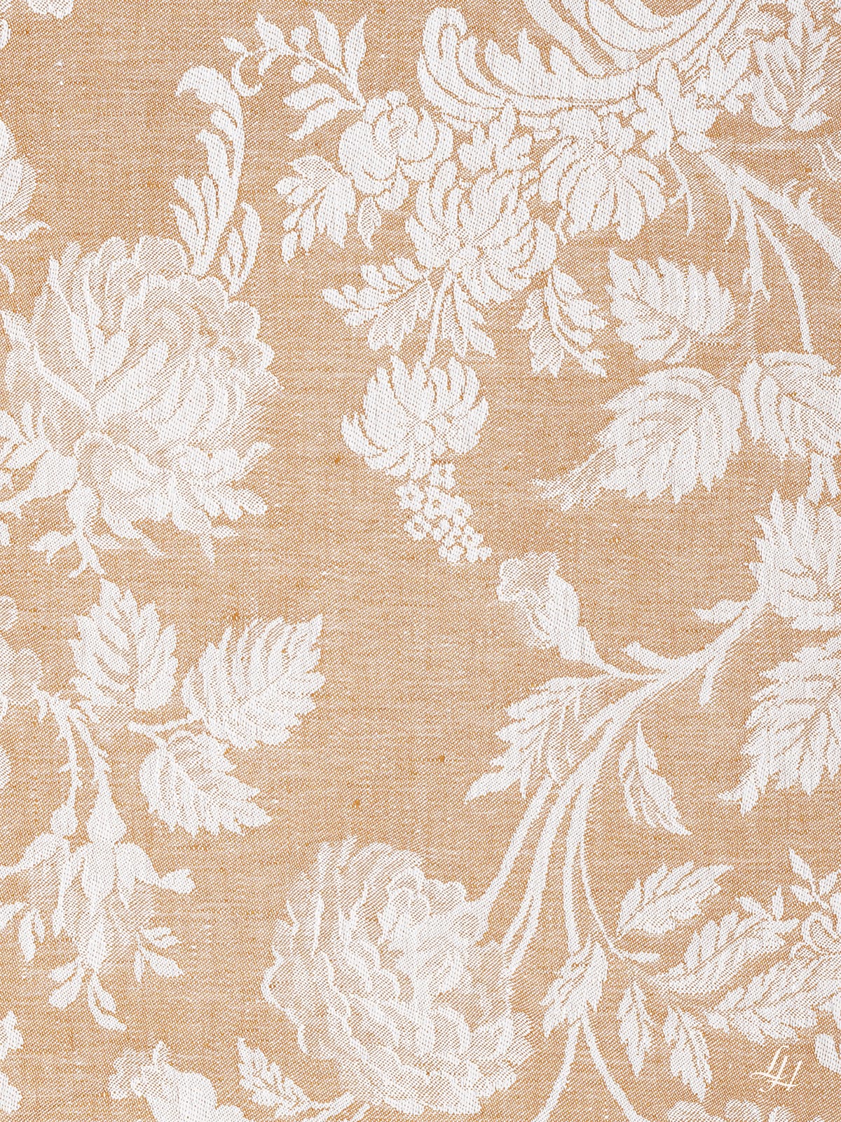 Stoffmuster Reinleinen-Damast Chrysantheme in Gold, dunkle Seite