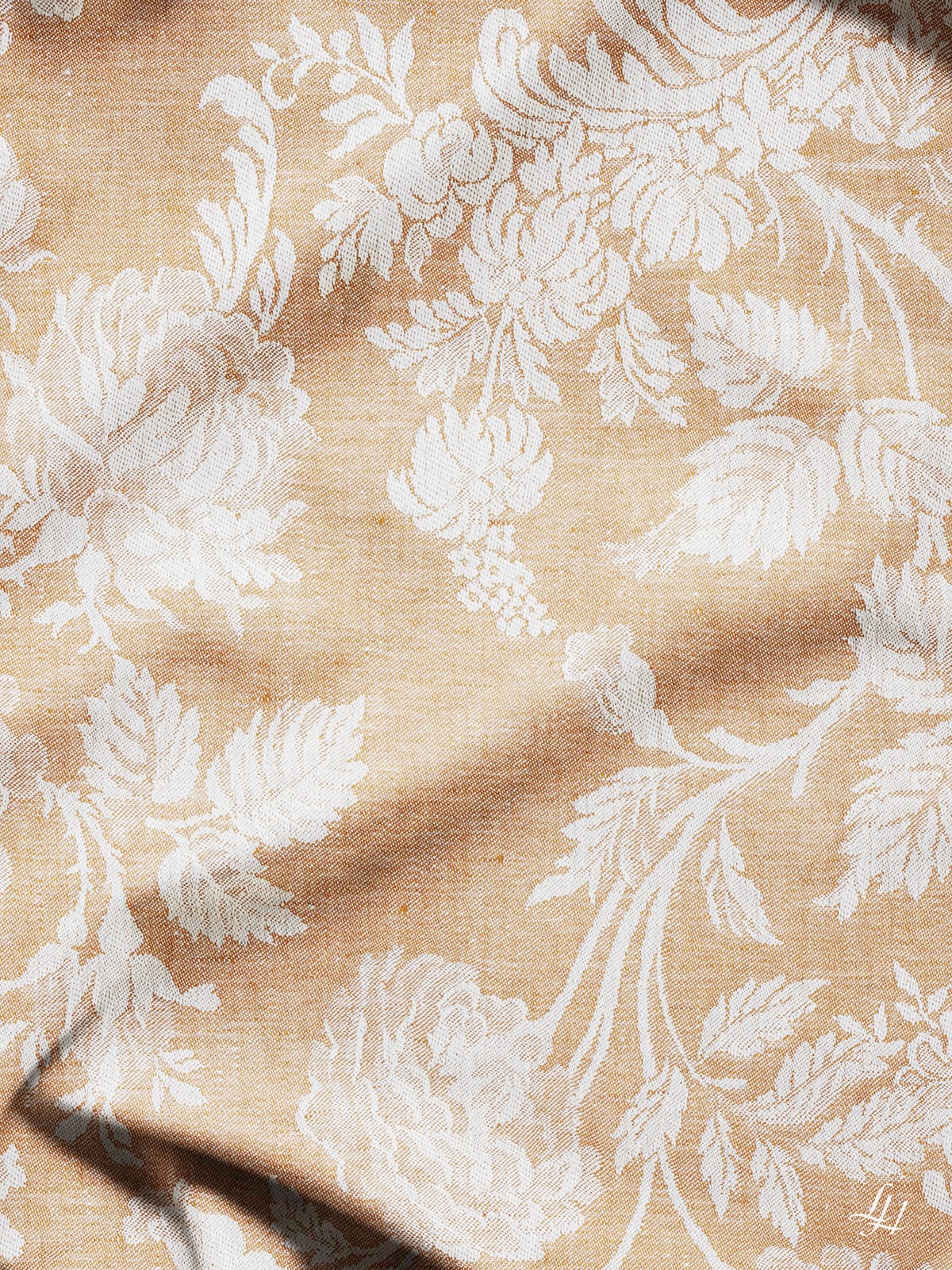 Tischläufer aus Reinleinen-Damast Muster Chrysantheme in Gold-Hell
