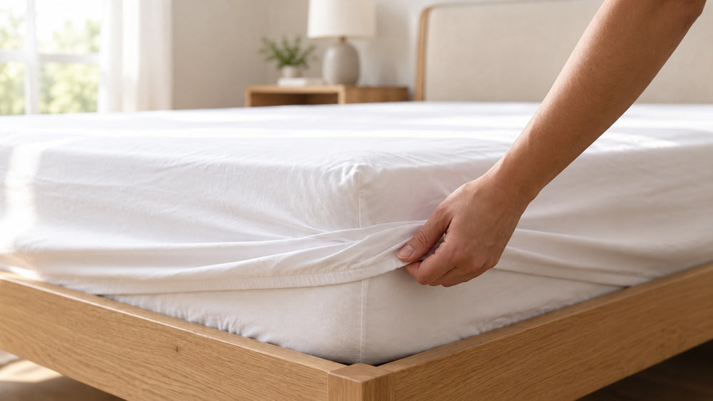 Spannbettlaken wird über Matratze gezogen in einem Bett mit Holzrahmen.