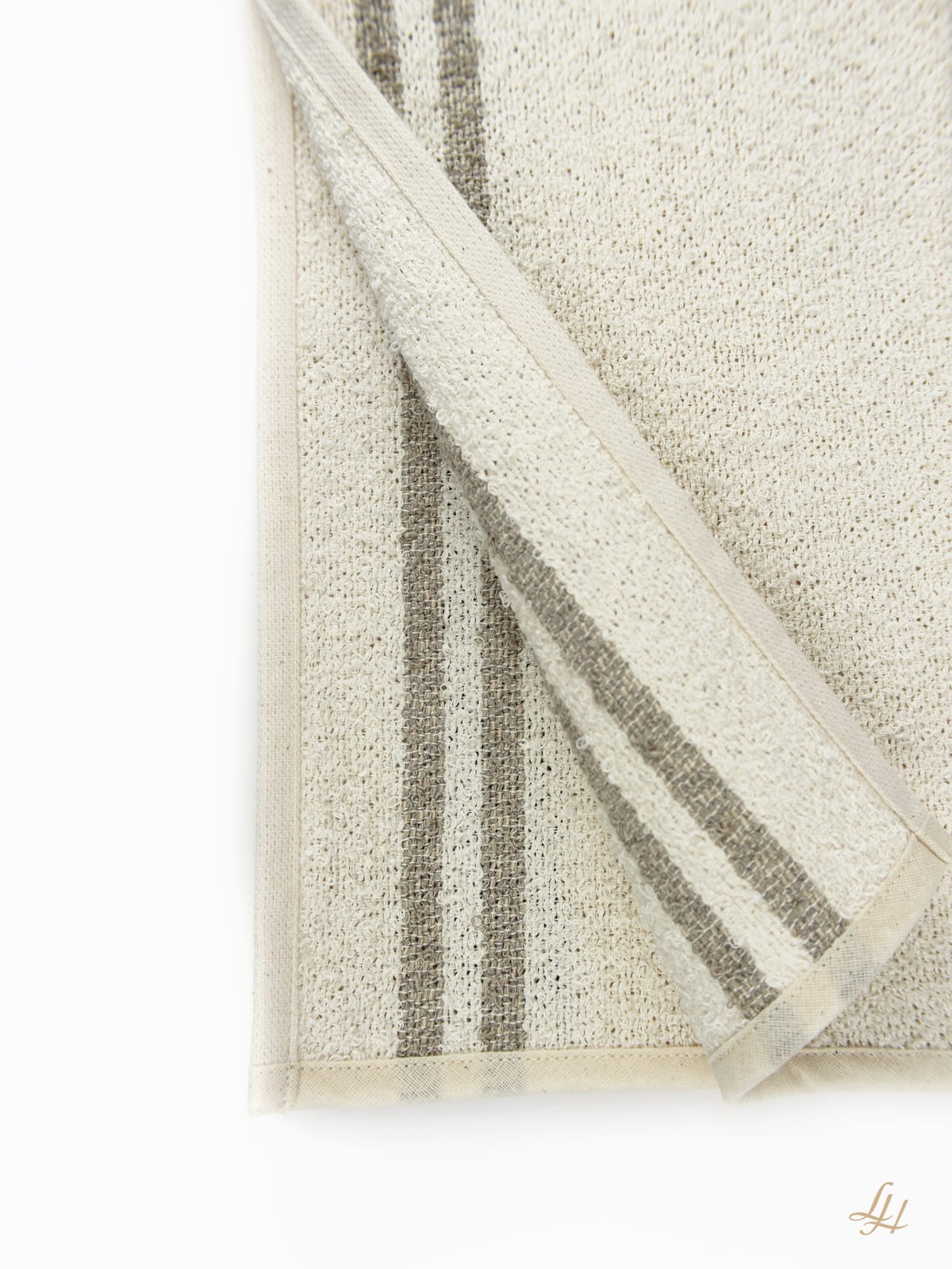 Waschlappen aus Leinenfrotté in Grund Cremeweiß mit Farbstreifen in Grau im Detail