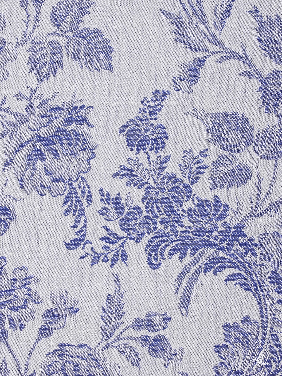 Stoffmuster Reinleinen-Damast Chrysantheme in Blau, helle Seite