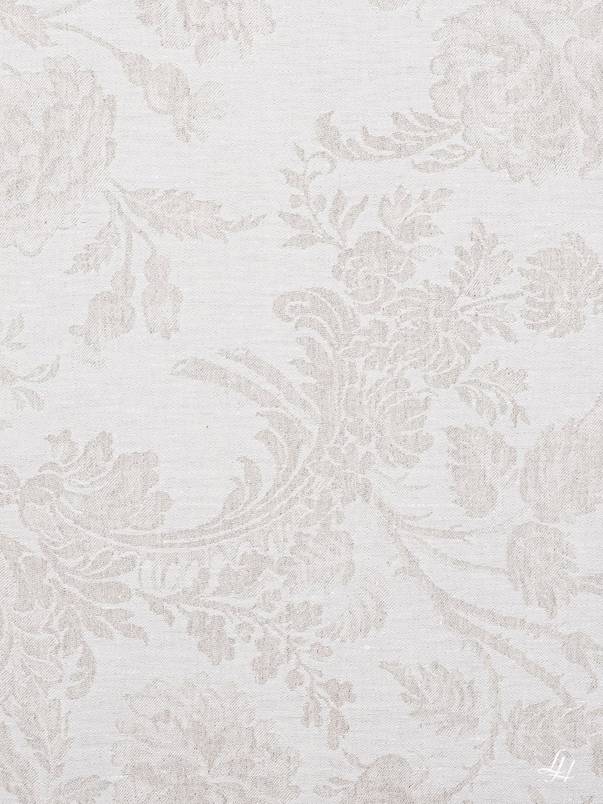 Stoffmuster Reinleinen-Damast Chrysantheme in Natur, helle Seite