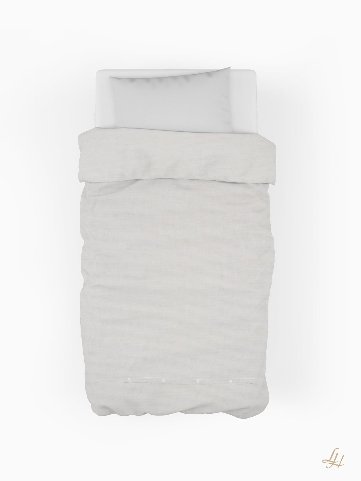 Draufsicht auf ein Einzelbett mit cremeweißer Leinen Bettwäsche und einem weißen Kissen auf einfarbig weißem Hintergrund.