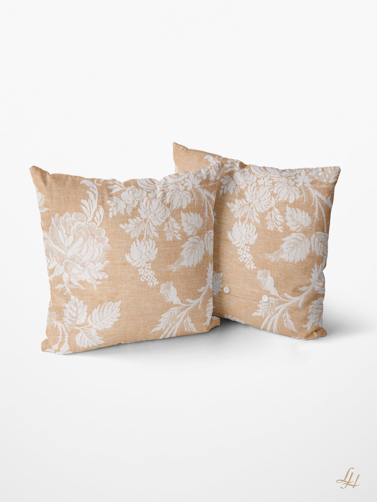 Kissen aus Reinleinen-Damast Muster Chrysantheme in Gold-Dunkel; Beispielbild