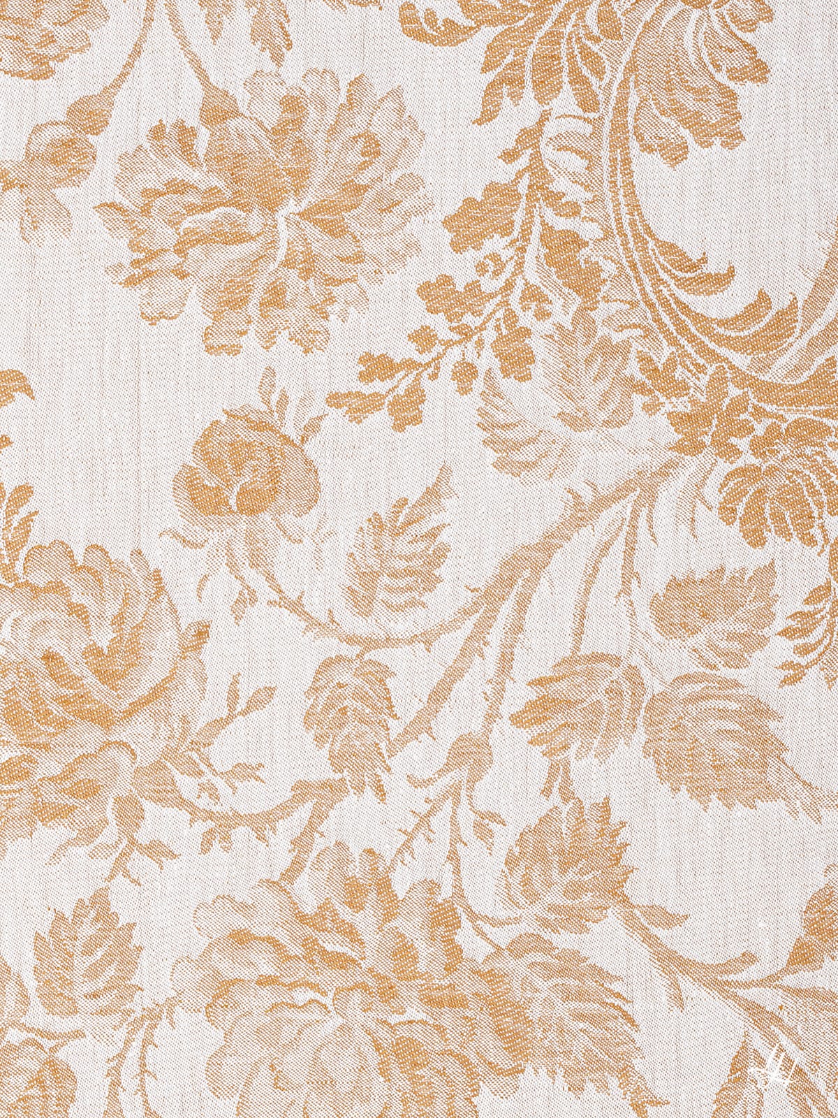Stoffmuster Reinleinen-Damast Chrysantheme in Gold, helle Seite