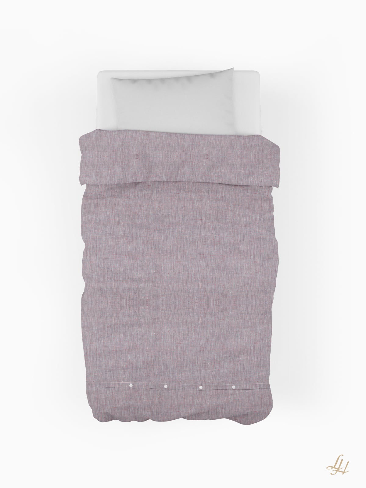 Ein gemachtes Bett mit einem Bettbezug aus Pflaume Reinleinen und einem weißen Kissen, von oben gesehen, auf einem weißen Hintergrund.