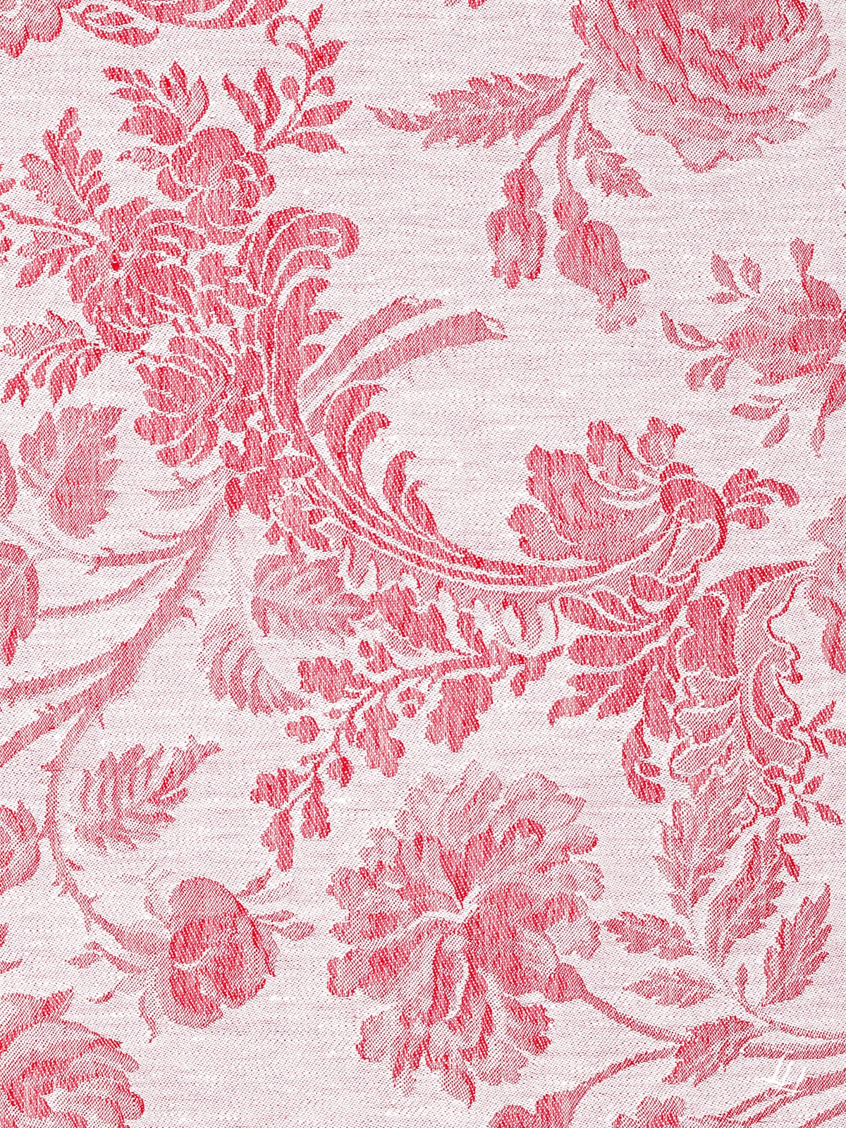 Stoffmuster Reinleinen-Damast Chrysantheme in Rot, helle Seite