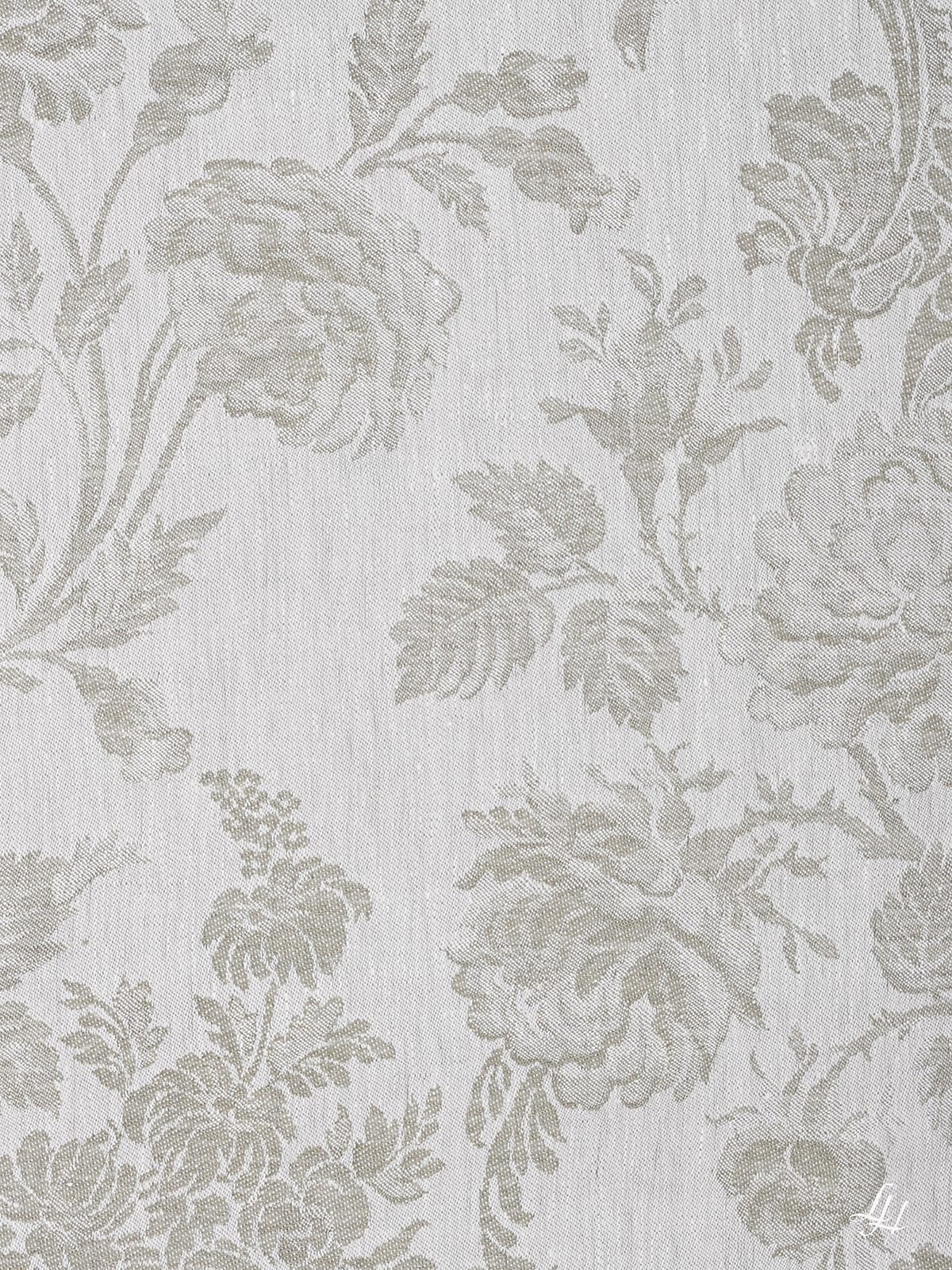 Stoffmuster Reinleinen-Damast Chrysantheme in Salbei, helle Seite