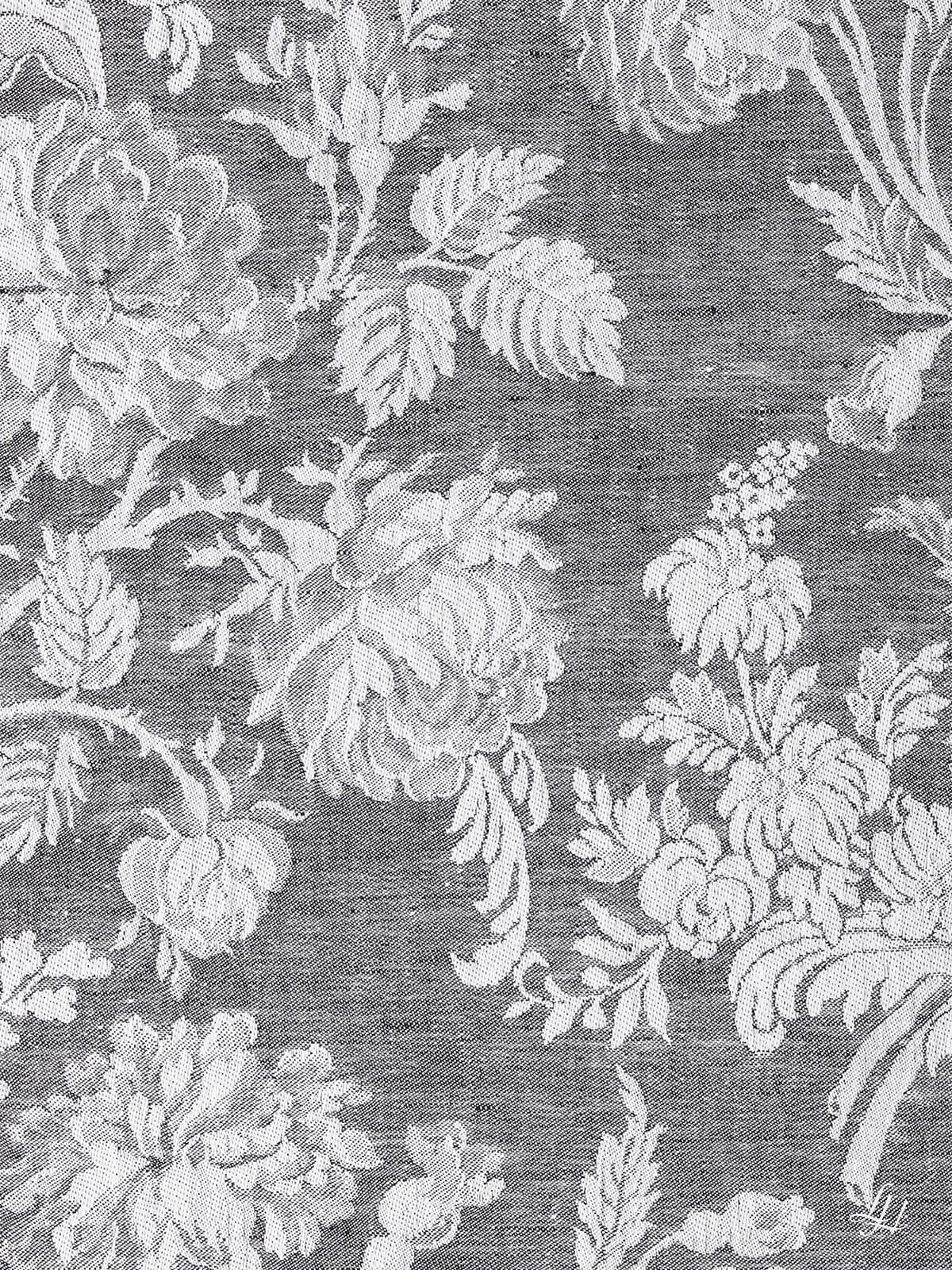 Stoffmuster Reinleinen-Damast Chrysantheme in Anthrazit, dunkle Seite