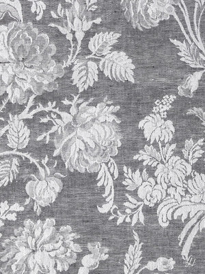 Stoffmuster Reinleinen-Damast Chrysantheme in Anthrazit, dunkle Seite